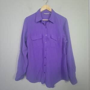 New Nexx York Womens XL Silk Long Roll Tab Sleeve Button Front Shirt Purple
